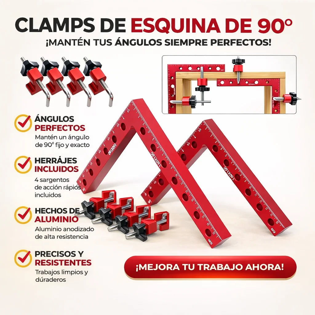 Paquete de 2 abrazaderas Esquina 90° – Sujeta, Alinea y Ensambla Piezas Perfectas Sin Necesidad de Ayuda