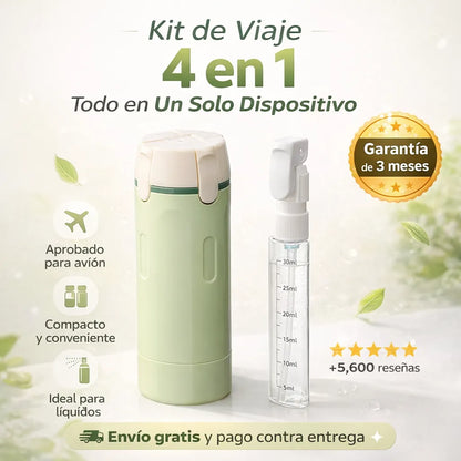 Kit viajero Rellenable 4 en 1 – Lleva Todo en un Solo Frasco y Ahorra Espacio