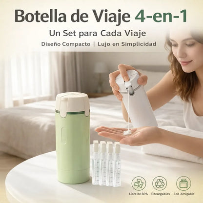 Kit viajero Rellenable 4 en 1 – Lleva Todo en un Solo Frasco y Ahorra Espacio
