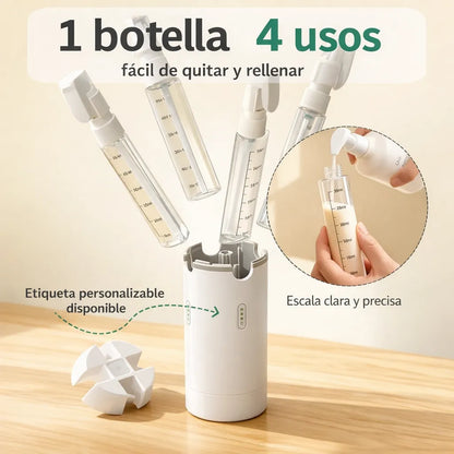 Kit viajero Rellenable 4 en 1 – Lleva Todo en un Solo Frasco y Ahorra Espacio