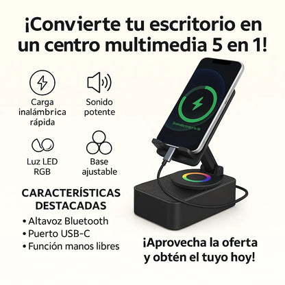5 En 1 altavoz Bluetooth inalámbrico, estación de carga y soporte para teléfono