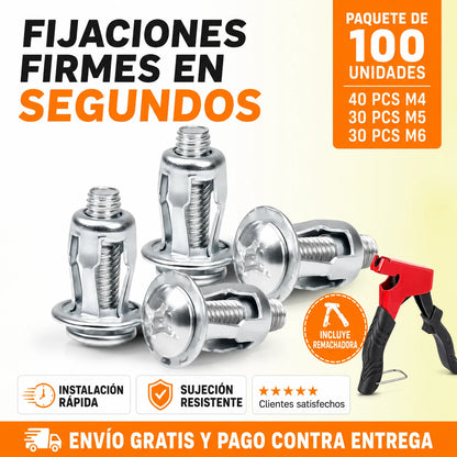 KIT DE 100 TUERCAS CON TORNILLO DE EXPANSIÓN TIPO PÉTALO + REMACHADORA🎁