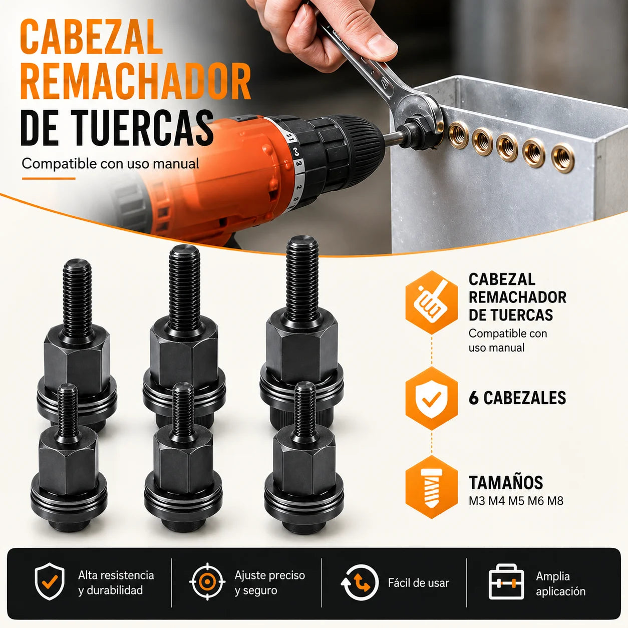 Kit Adaptador de Remaches Roscados para Taladro(50 Unidades) + Juego de Mandriles M3 a M8