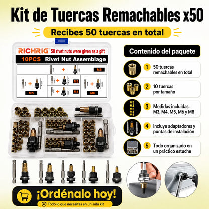 Kit Adaptador de Remaches Roscados para Taladro(50 Unidades) + Juego de Mandriles M3 a M8