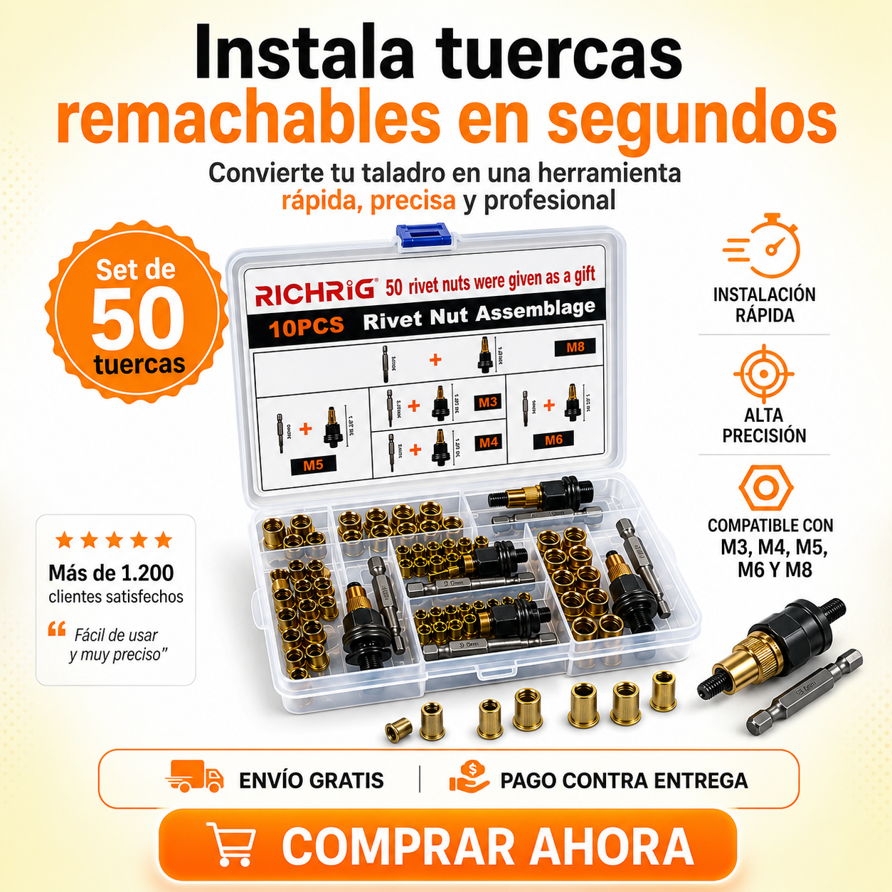 Kit Adaptador de Remaches Roscados para Taladro(50 Unidades) + Juego de Mandriles M3 a M8