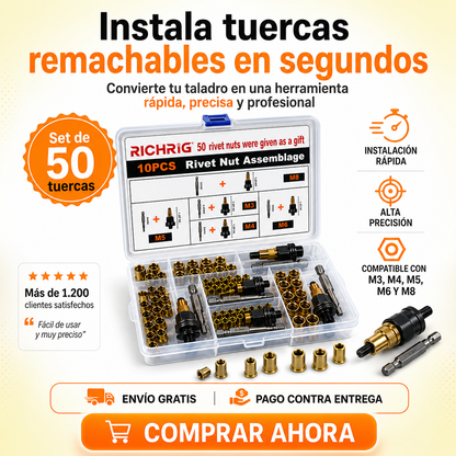 Kit Adaptador de Remaches Roscados para Taladro(50 Unidades) + Juego de Mandriles M3 a M8