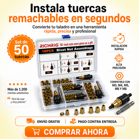 Kit Adaptador de Remaches Roscados para Taladro(50 Unidades) + Juego de Mandriles M3 a M8