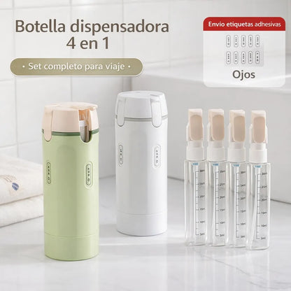 Kit viajero Rellenable 4 en 1 – Lleva Todo en un Solo Frasco y Ahorra Espacio